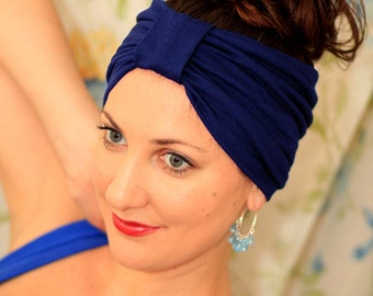 Turban Headband - Hair Warp in Navy Blue Jersey Knit - Boho Style Wide Headbands - 24 Colors