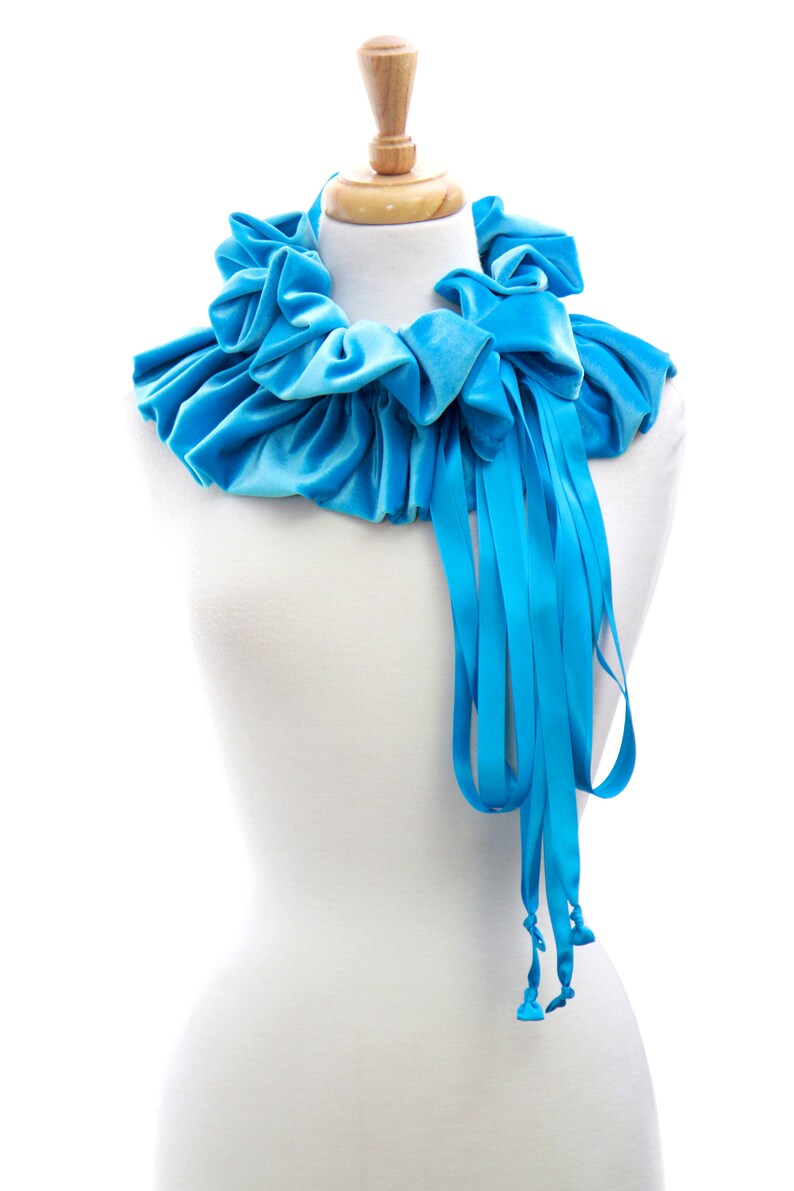Collar with Ruffles Velvet Scarf in Turquoise Blue Women/'s Velvet Shrug or Neck Warmer Victorian Style Fashion Collar
