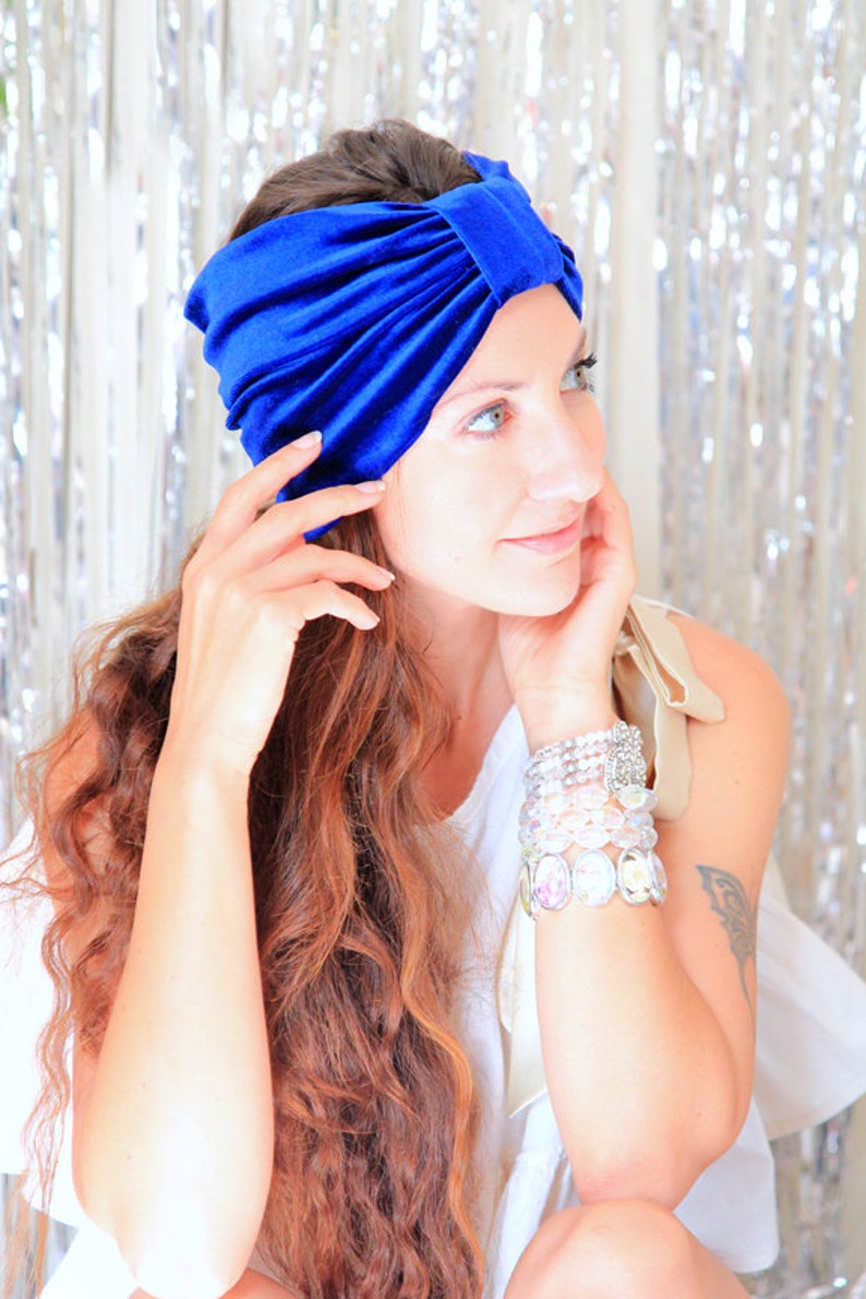 Velvet Turban Headband in Royal Blue Women's Bohemian Style Wide Headbands Optional Rhinestone Jewel image 2