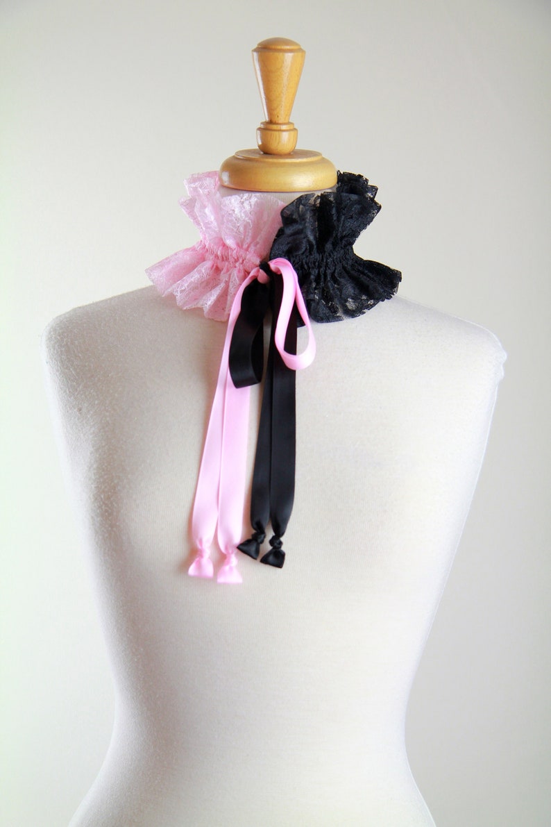 Pink and Black Choker Collar Victorian Style Neck Ruff with Satin Ties Gothic, Burlesque, Steampunk, Cosplay Costume Collars image 1