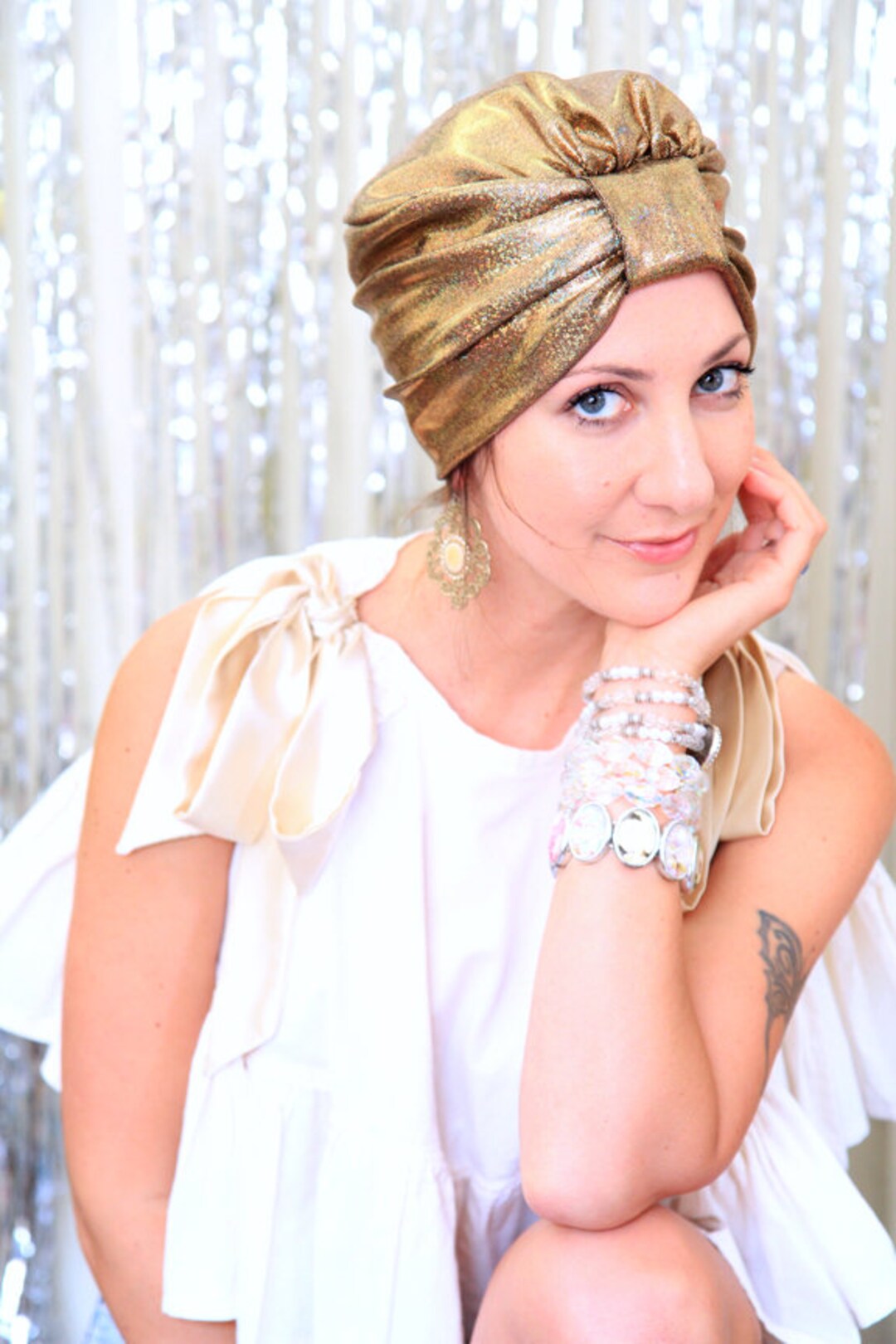 Turban Hat in Gold Hologram Metallic Womens Mardi Gras Fashion Head