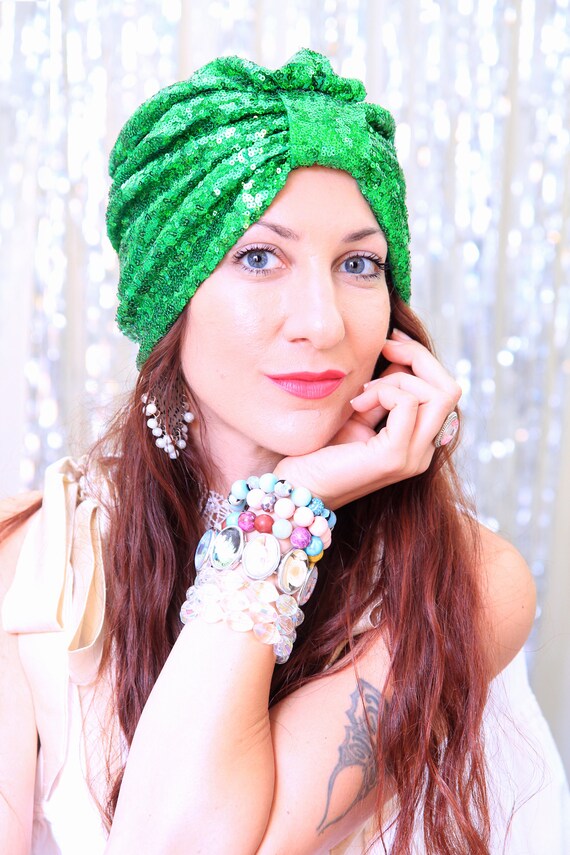 Green Sequin Turban Headwrap Emerald Green Sequin Headscarf, Fan Shape Embroidery, Luxury  main image 2