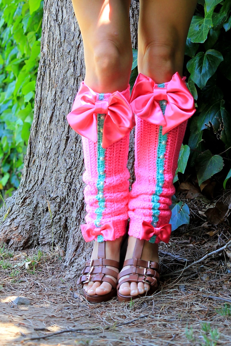 Hot Pink Leg Warmers With Bows Kawaii Fashion Leggings Etsy