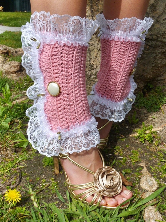 Victorian Style Leg Warmers - Rose Spats With White Lace - Kawaii