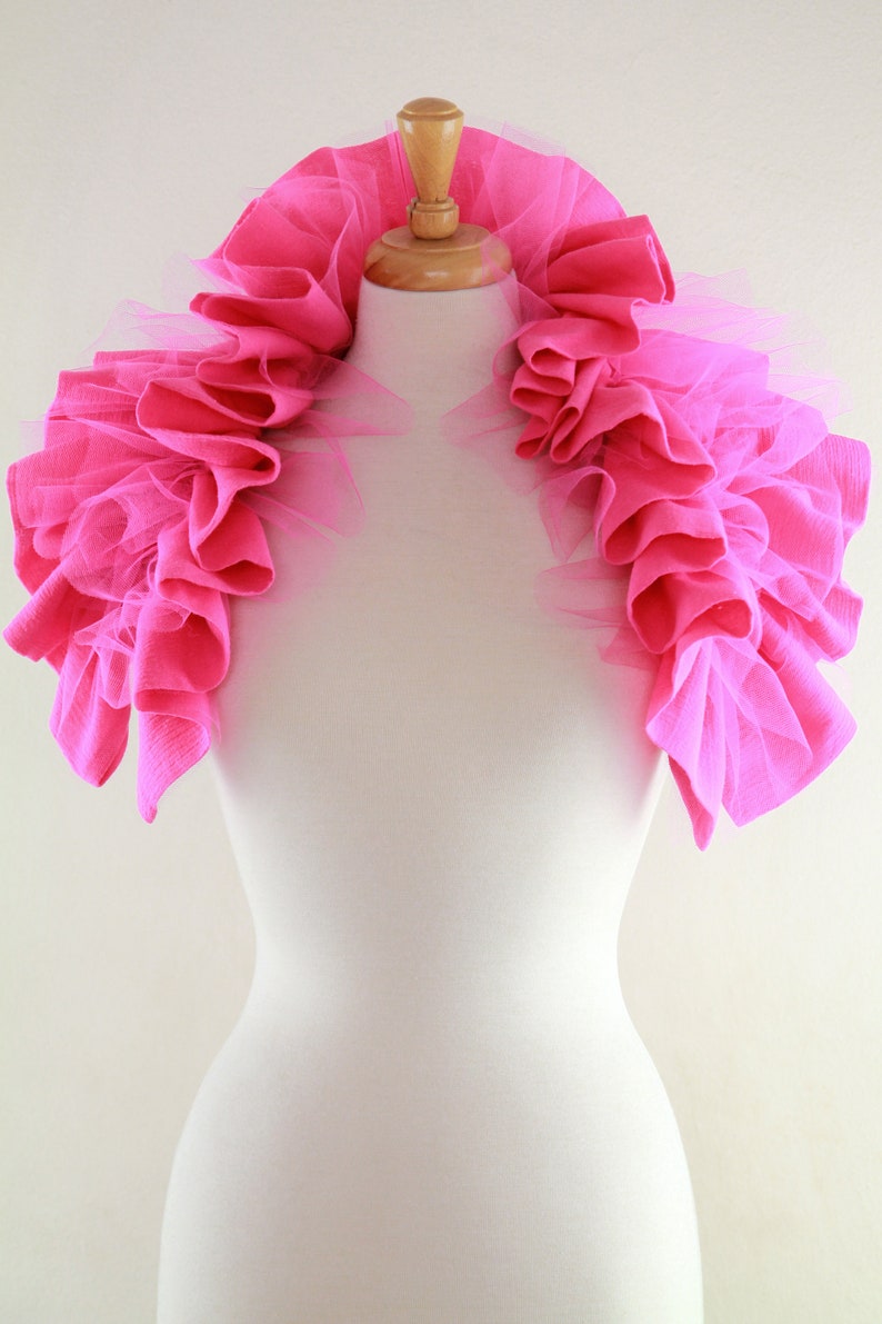 Shoulder Shrug Collar in Fuchsia Cotton Gauze and Tulle Convertible Victorian Style Bolero, Neck Ruff, or Cowl Lots of Colors image 2