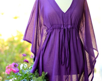 Mini Caftan Dress - Beach Cover Up Kaftan in Purple Cotton Gauze - 20 Colors