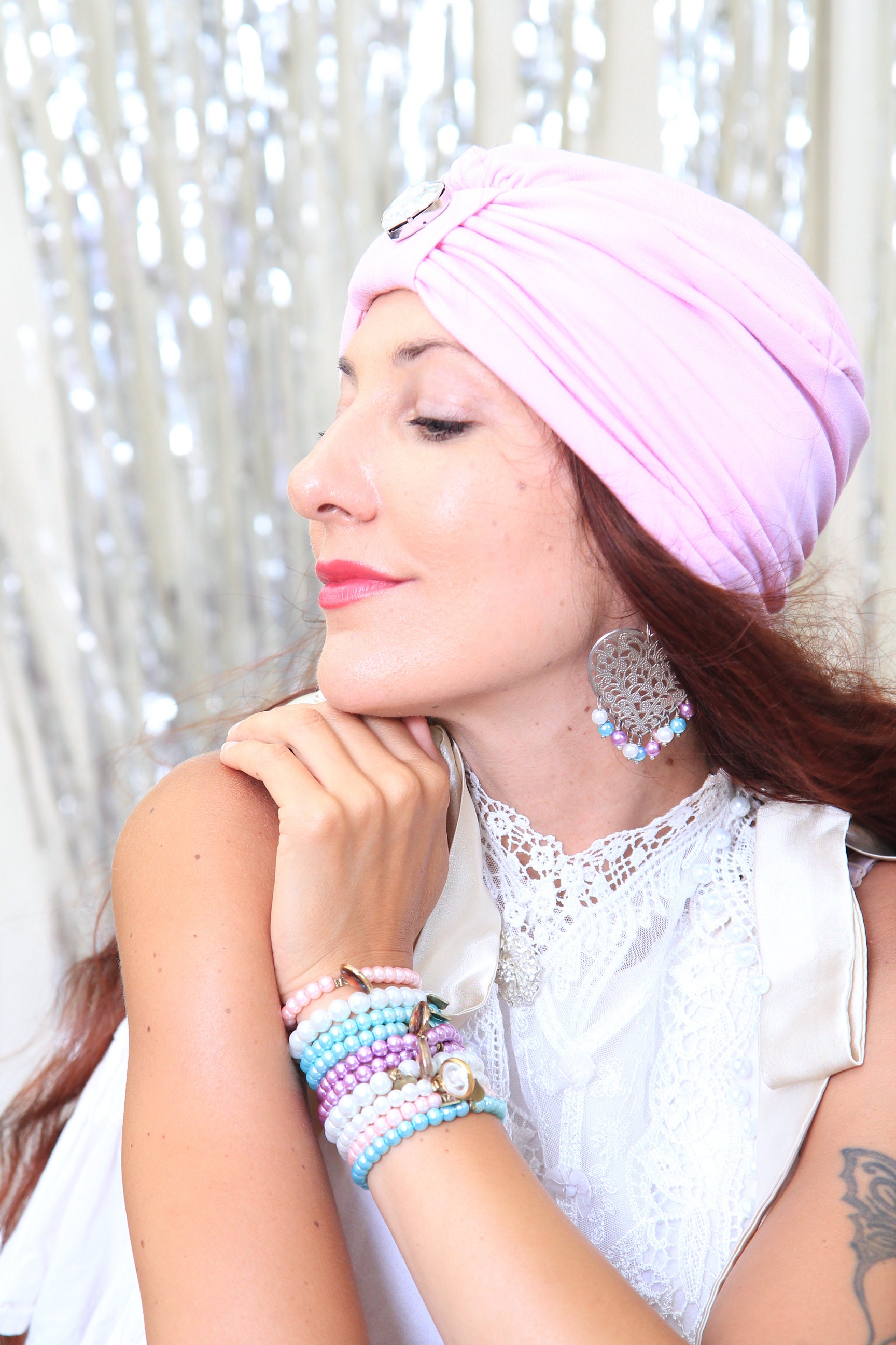 MARYJANE CLAVEROL PINK FAUX PEARL BEADS TURBAN HEAD PIECE HAIR ACCESSORY NWT HTF Pink Turban Head Wrap With Heart Rhinestone Jewel - Women main image 2
