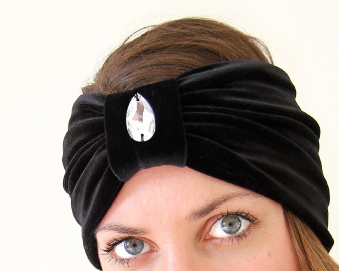 Turban Headband in Black Velvet with Rhinestone Jewel Hippie Etsy