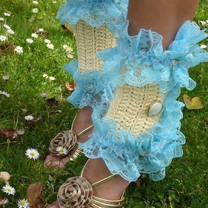 Victorian Style Leg Warmers - Crochet and Lace Spats in Cream with Blue Lace - Kawaii Fashion Accessories