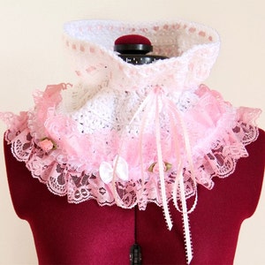 Cowl Neck Warmer Victorian Style Fashion Collar in White with Pink Lace Lots of Colors image 4