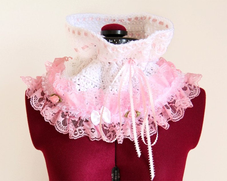 Cowl Neck Warmer Victorian Style Fashion Collar in White with Pink Lace Lots of Colors image 4