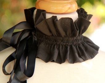 Black Victorian Fashion Collar - Choker in Cotton Lawn - Black Neck Ruff with Satin Ties