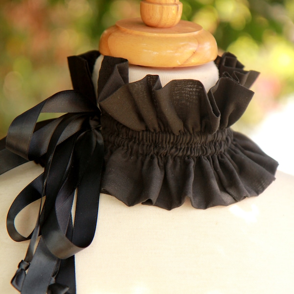 Black Victorian Fashion Collar - Choker in Cotton Lawn - Black Neck Ruff with Satin Ties