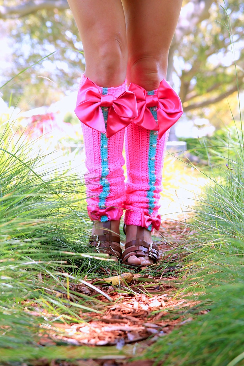 Hot Pink Leg Warmers With Bows Kawaii Fashion Leggings Etsy