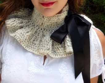 Neck Warmer - Victorian Style Fashion Collar in Oatmeal with Black Ties - Lots of Colors