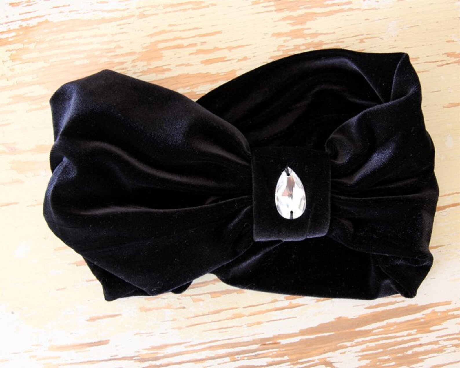 Turban Headband in Black Velvet With Rhinestone Jewel Hippie Etsy
