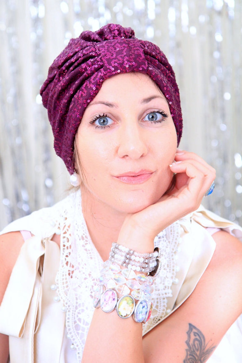 Women's Fashion Turban in Wine Sequins Sequin Hair Turbans by Mademoiselle Mermaid Lots of Colors image 3