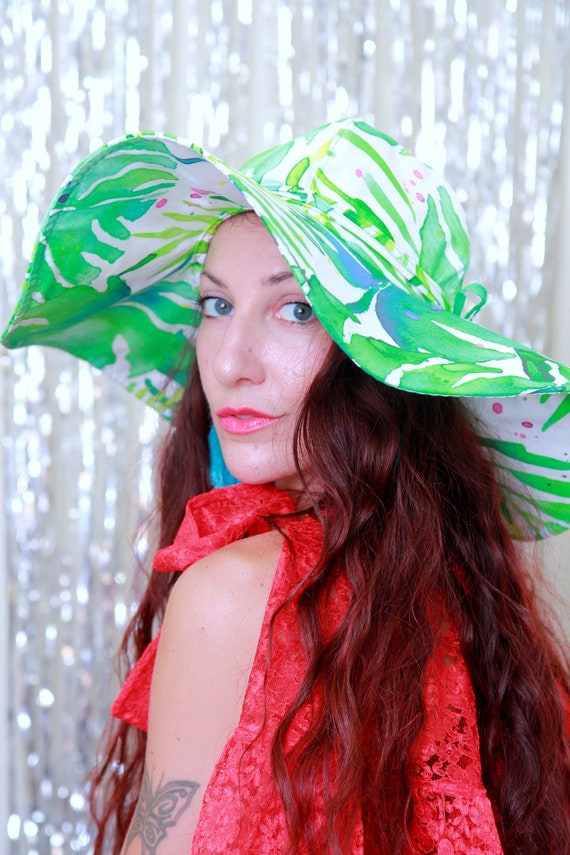 Palm Frond Print Hat Wide Brim Hat in Tropical Leaves Print Floppy