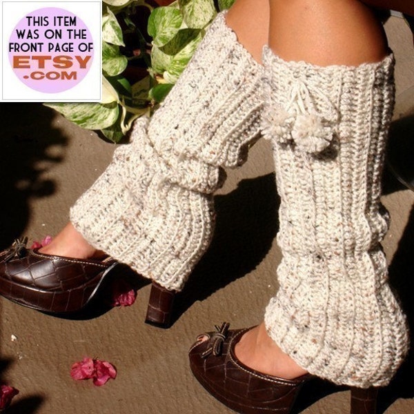 Crochet Leg Warmers with Pom Poms - Oatmeal