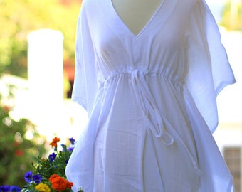 Mini Caftan Dress - Beach Cover Up Kaftan in White Cotton Gauze - Lots of Colors