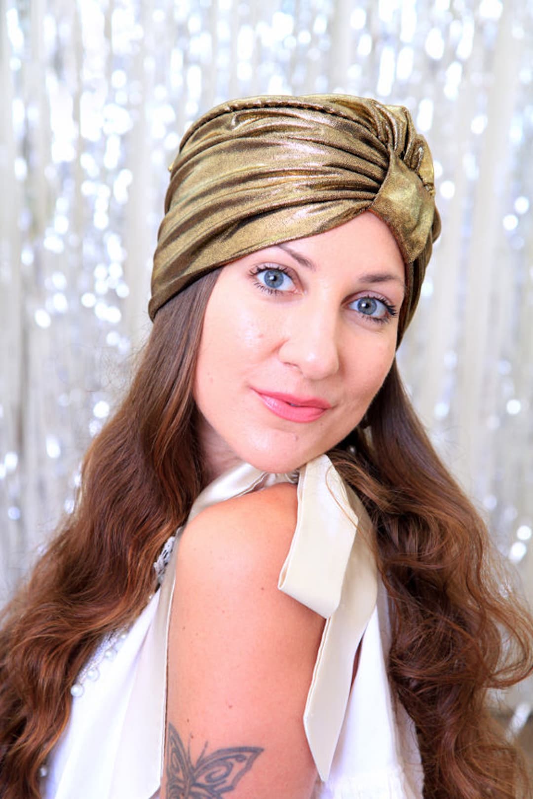 Turban Hat in Gold Metallic Womens Fashion Head Wrap Sparkly Full