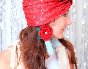 NEW! Red Velvet + Sequin Star Holiday Turban Holiday Party Turban Hat in Christmas Red Sequins - Women main image 3