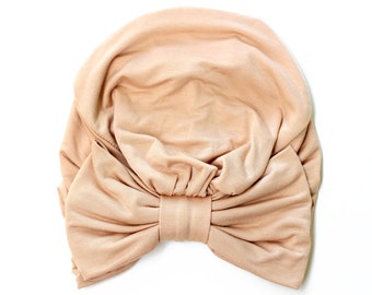 Turban with Bow - Nude Hair Wrap in Jersey Knit - Women's Cream Fashion Head Covering - Lots of Colors