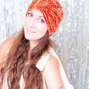 Crushed Velvet Turban Hat in Rust Orange Women's Fashion Hair Wrap Pumpkin Spice Lots of Colors image 3