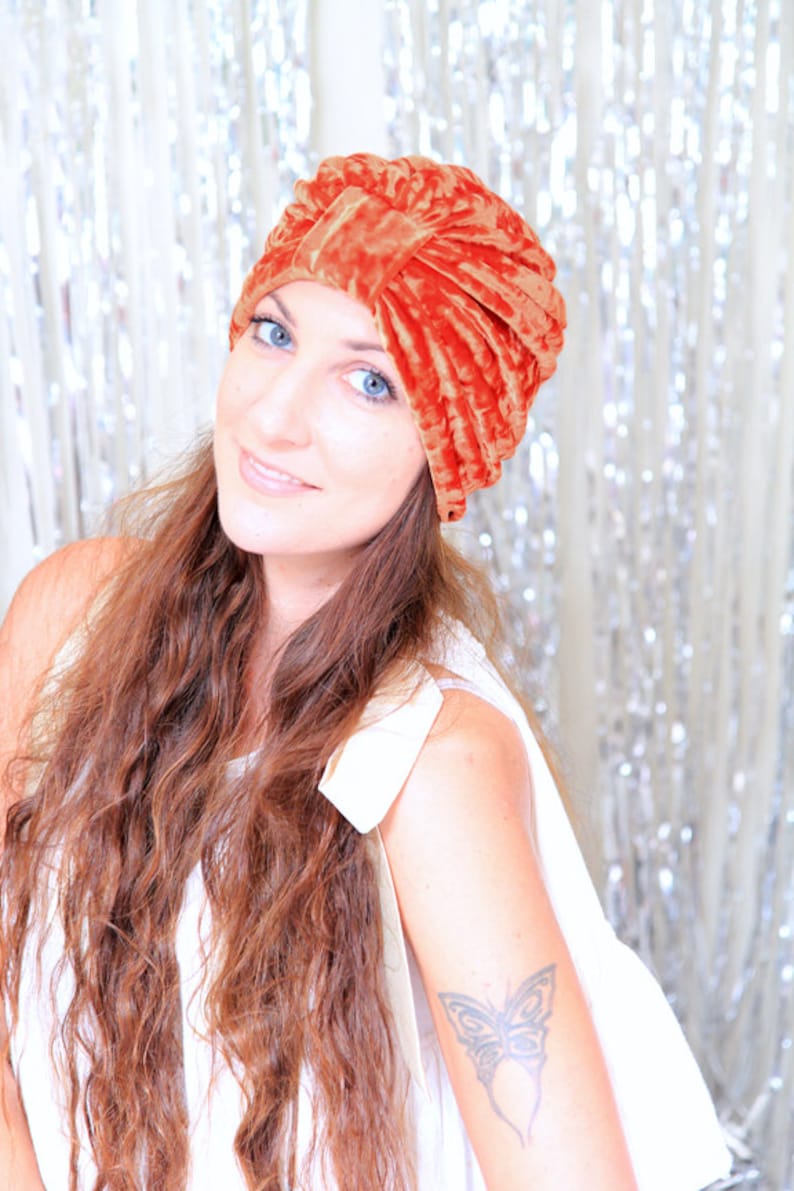 Crushed Velvet Turban Hat in Rust Orange Women's Fashion Hair Wrap Pumpkin Spice Lots of Colors image 3