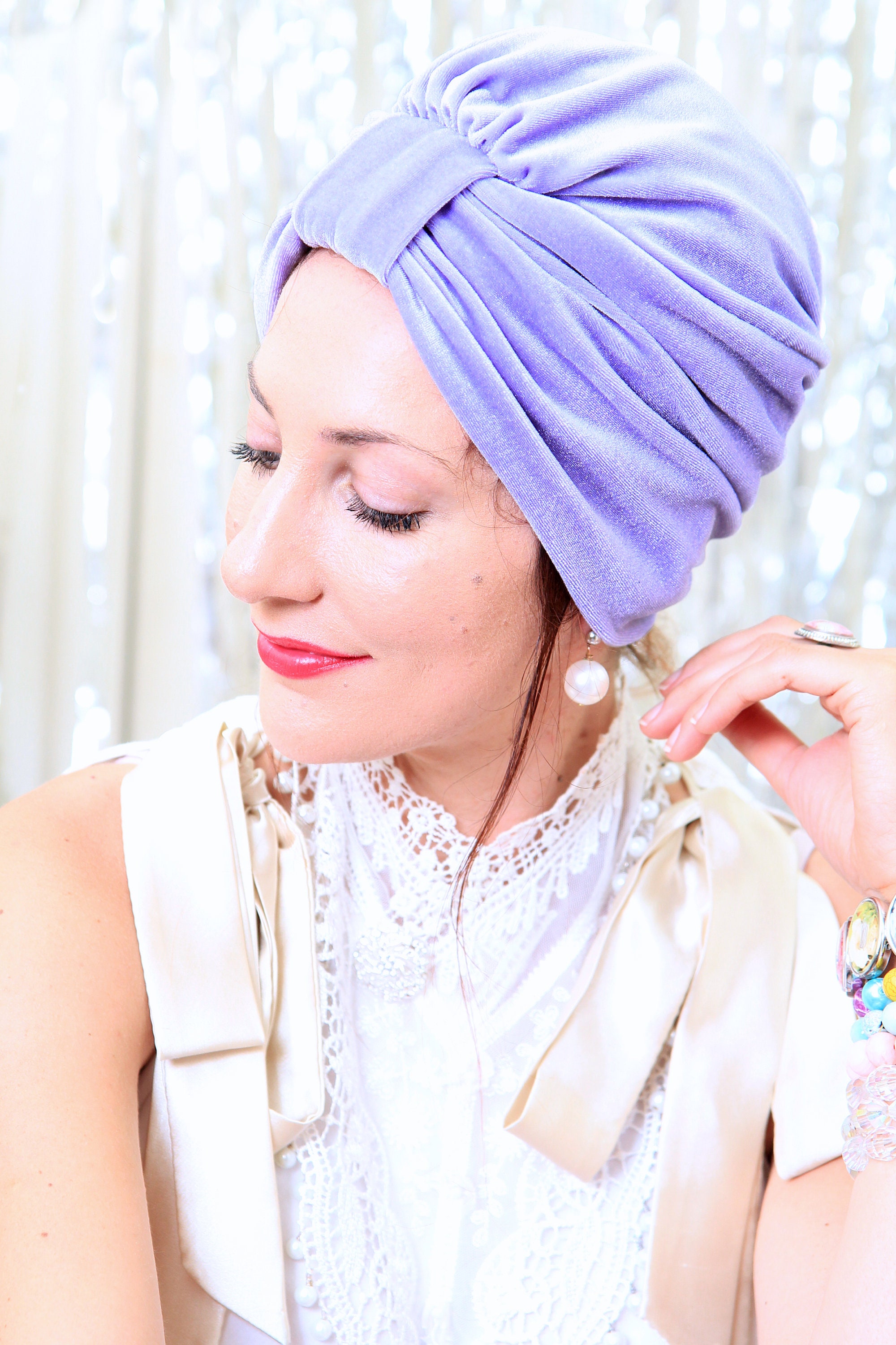 Purple and Cream Textured Damask Headwrap Turban Turban Headwrap in Lavender Velvet - Women main image 3