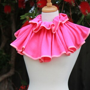 May include: A pink ruffled collar with a white trim. The collar is displayed on a white mannequin.
