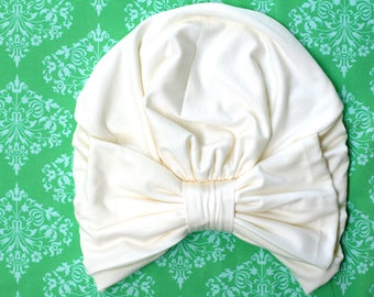 Turban with Bow - Ivory Hair Wrap in Jersey Knit - Women's Fashion Head Covering - Lots of Colors