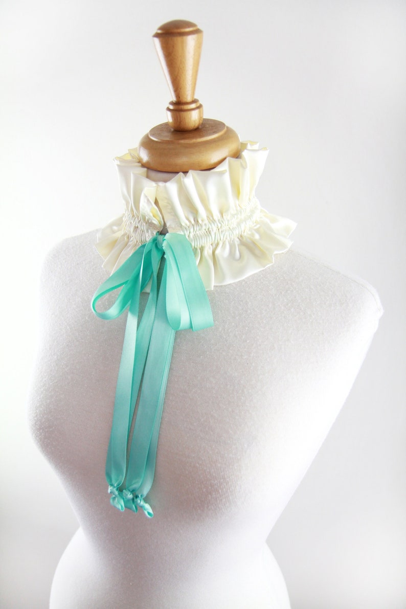 Victorian Collar in Ivory Satin Charmeuse with Aqua Ties Balletcore Choker Cottagecore Fashion Accessories Lots of Colors image 1