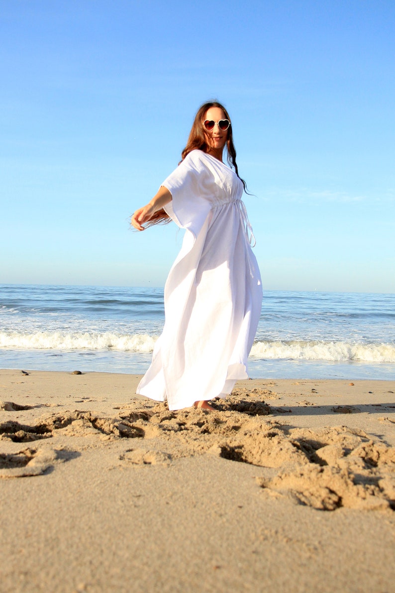 Linen Maxi Dress Caftan in White, Ivory, or Black Long Kaftan image 3