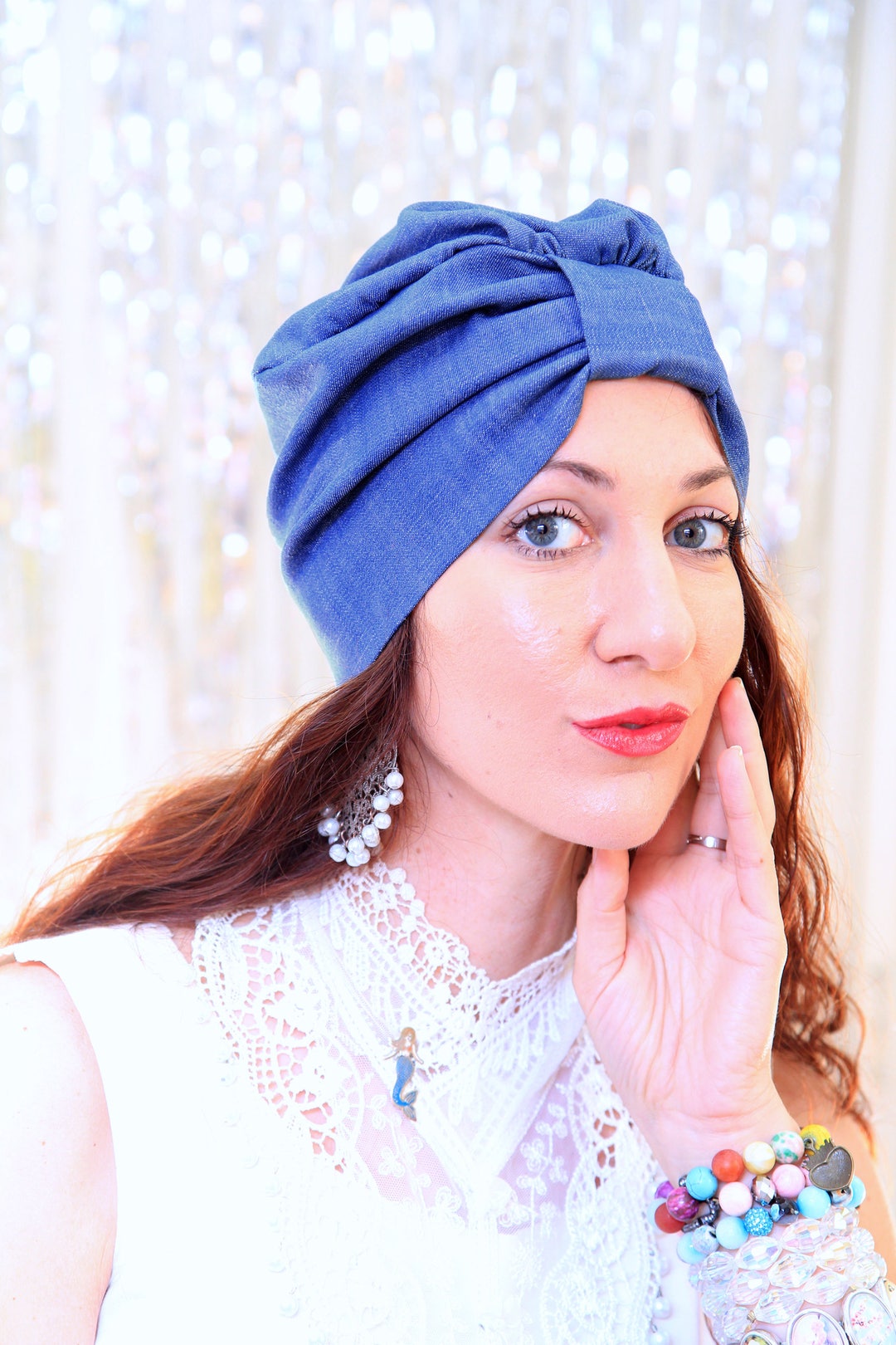 Denim Turban Hat Hair Turbans for Women Blue Jean Denim Hairwrap Women
