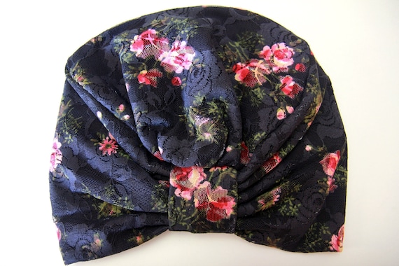 Boho Lace Turban in Black Rose Print - Bohemian Gypsy Style Head Wrap - Women's Lace Turbans