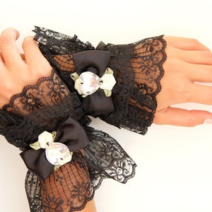 Black Lace Cuffs - Victorian Fashion Wrist Cuffs - Steampunk Style Accessories