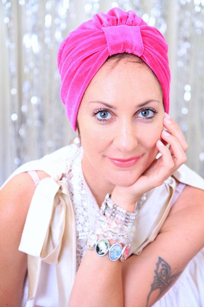 Turban Headwrap in Hot Pink Velvet Women's Fashion Hairwraps Full Turbans Turban Hats Lots of Colors image 3