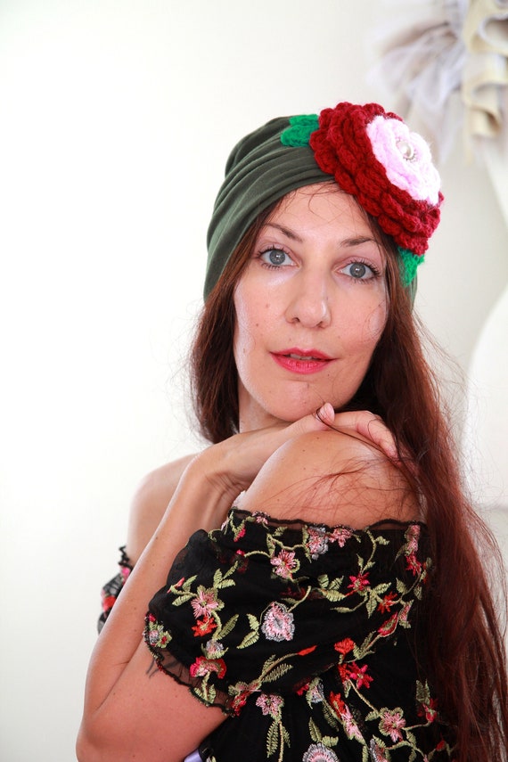 Turban With Flower Olive Green Cotton Head Wrap With Red and