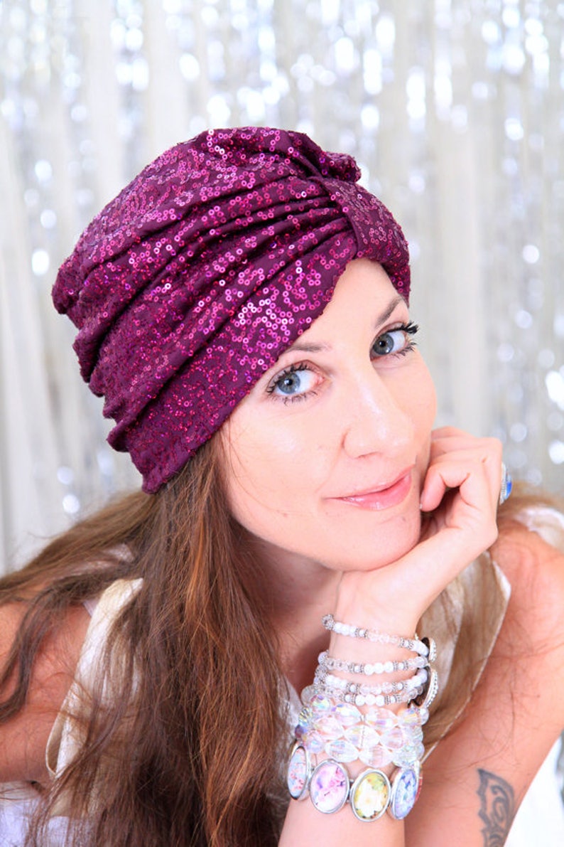 Women's Fashion Turban in Wine Sequins Sequin Hair Turbans by Mademoiselle Mermaid Lots of Colors image 2