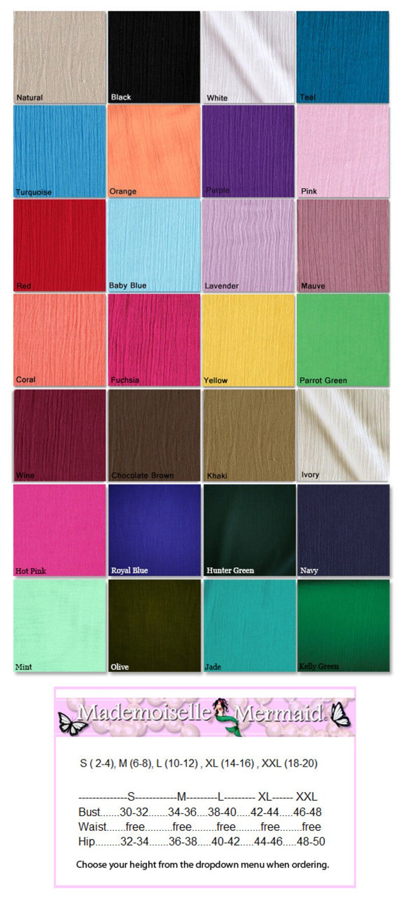 Puede incluir: Una tabla de muestras de tela en varios colores, incluyendo natural, negro, blanco, azul verdoso, turquesa, naranja, morado, rosa, rojo, azul beb&eacute;, lavanda, malva, coral, fucsia, amarillo, verde loro, vino, marr&oacute;n chocolate, caqui, marfil, rosa fuerte, azul real, verde cazador, azul marino, menta, oliva, jade y verde kelly. La tabla tambi&eacute;n incluye informaci&oacute;n de tallas para S, M, L, XL y XXL, con las medidas de busto, cintura y cadera correspondientes en pulgadas.