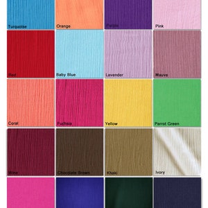 May include: A colour chart of 24 fabric swatches, each with a different colour and texture. The colours include natural, black, white, teal, turquoise, orange, purple, pink, red, baby blue, lavender, mauve, coral, fuchsia, yellow, parrot green, wine, chocolate brown, khaki, ivory, hot pink, royal blue, hunter green, navy, mint, olive, jade, and kelly green.