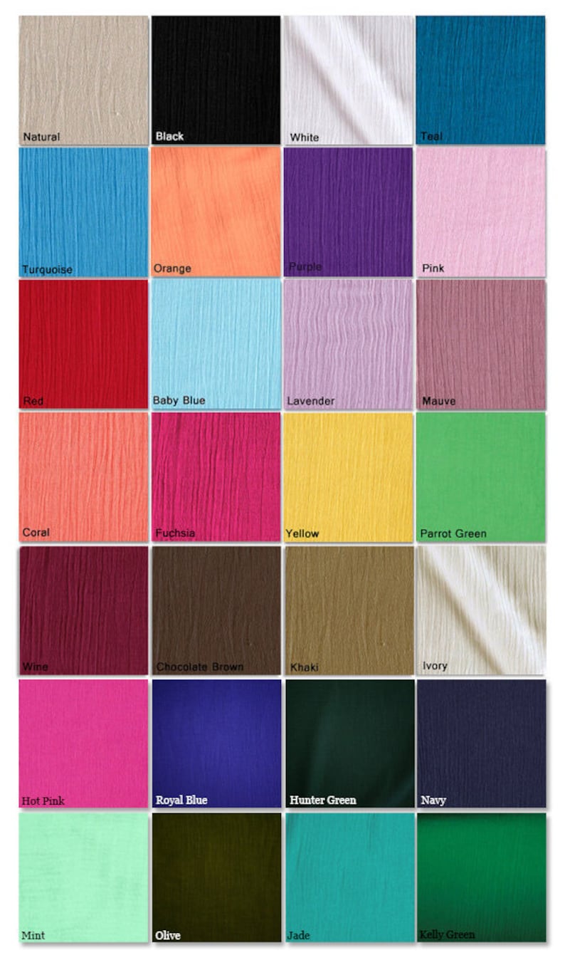 May include: A colour chart of 24 fabric swatches, each with a different colour and texture. The colours include natural, black, white, teal, turquoise, orange, purple, pink, red, baby blue, lavender, mauve, coral, fuchsia, yellow, parrot green, wine, chocolate brown, khaki, ivory, hot pink, royal blue, hunter green, navy, mint, olive, jade, and kelly green.