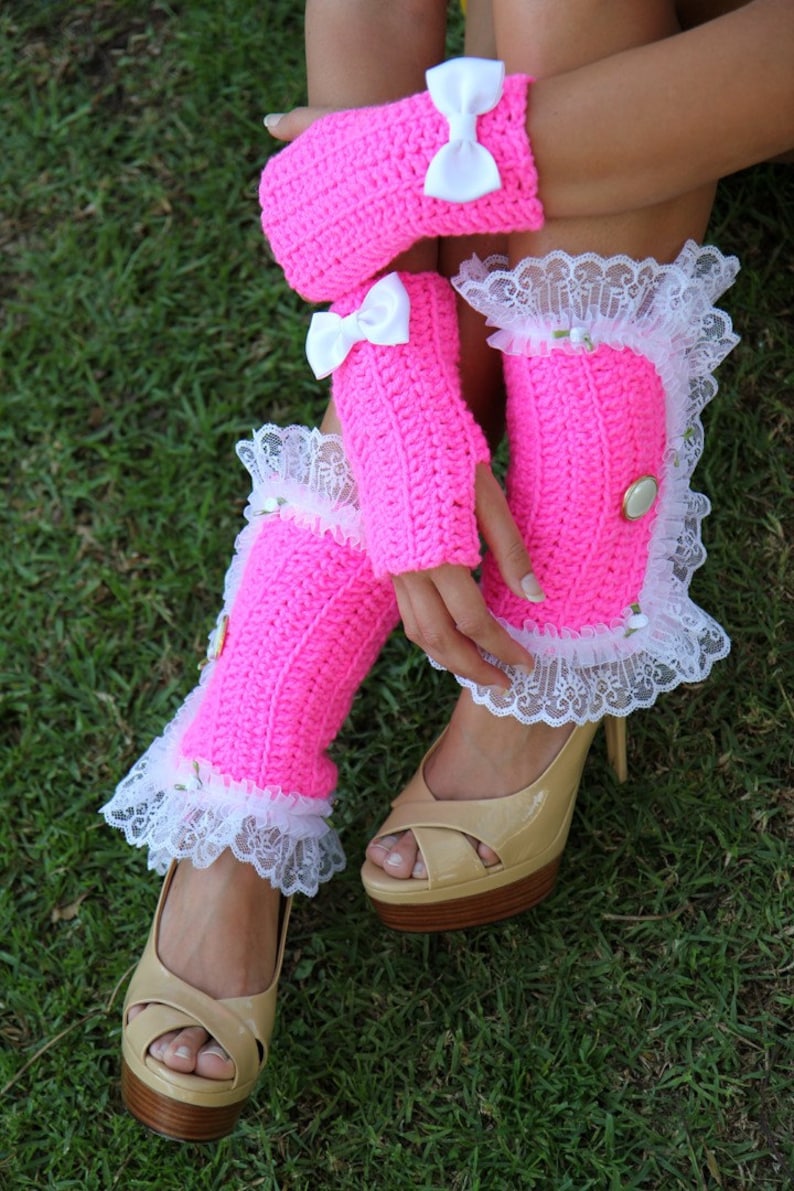 Victorian Style Leg Warmers Crochet and Lace Spats in Hot Pink Kawaii Fashion Accessories Lots of Colors image 3