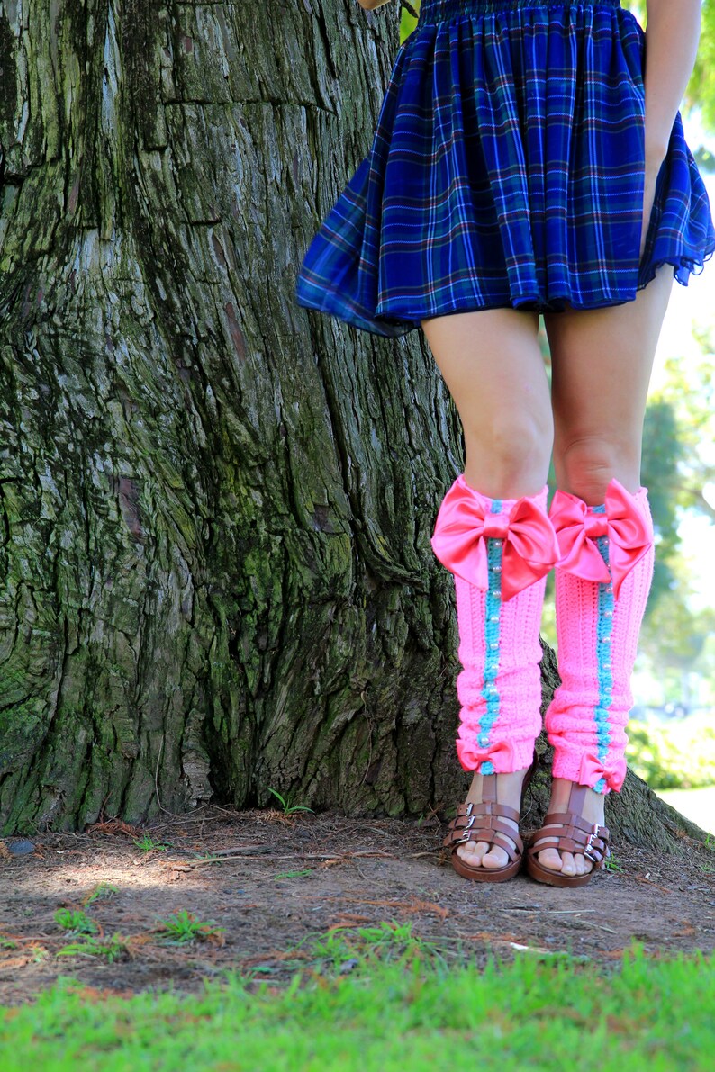 Hot Pink Leg Warmers With Bows Kawaii Fashion Leggings Etsy