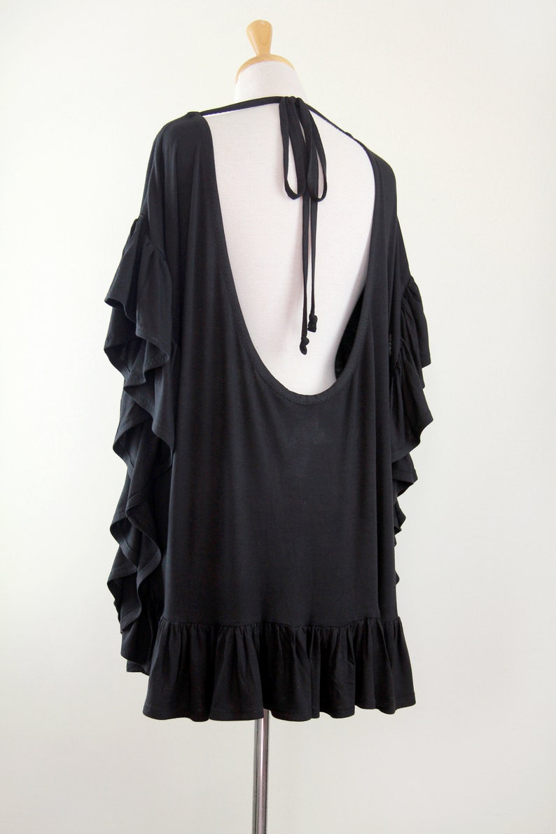 Black Beach Cover Up with Open Back Jersey Knit Beach Poncho Beach Dress with Ruffles and Low Back Lots of Colors image 5