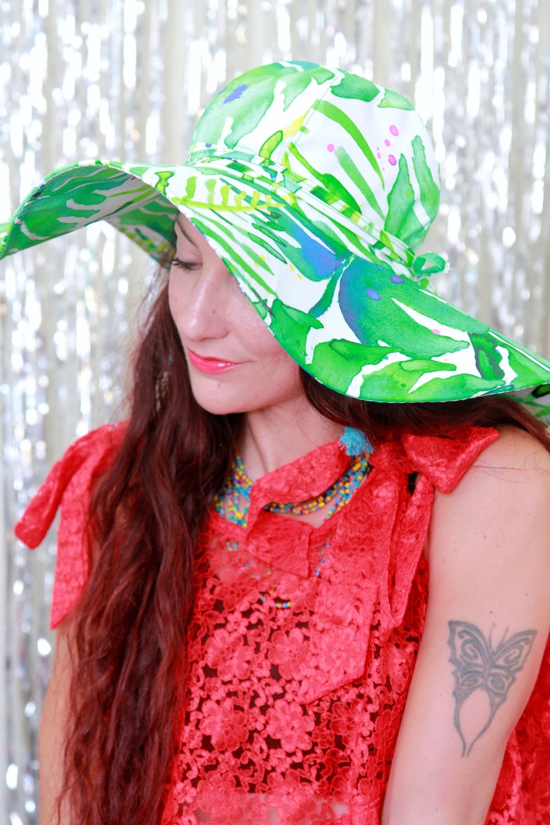 Palm Frond Print Hat Wide Brim Hat in Tropical Leaves Print Floppy Beach Hat Women's Wide Brimmed Sun Hats image 5