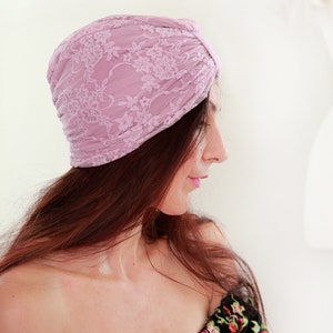 Mauve Lace Turban with Optional Rhinestone Jewel Rose Pink Bohemian Headwrap Yoga Turban Lots of Colors image 6