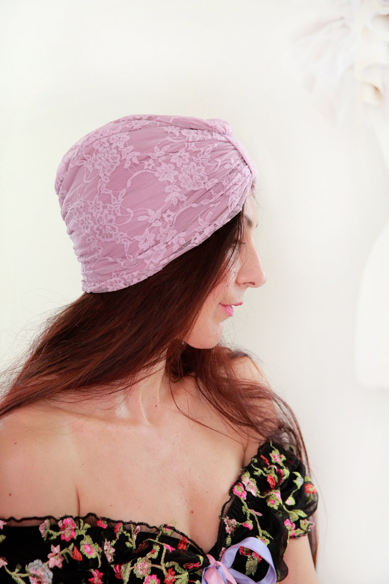 Mauve Lace Turban with Optional Rhinestone Jewel Rose Pink Bohemian Headwrap Yoga Turban Lots of Colors image 6