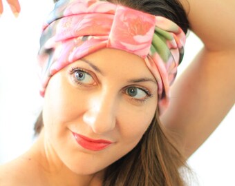 Turban Headwrap in Pink Organic Cotton Floral Print - Wide Headband for Yoga or Mediation - Women's Bohemian Style Hair Wrap